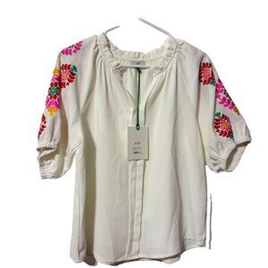 NWT‎ Voy Womens White Floral Ruffled V Neck Embroidered Raglan Sleeve Top Size S